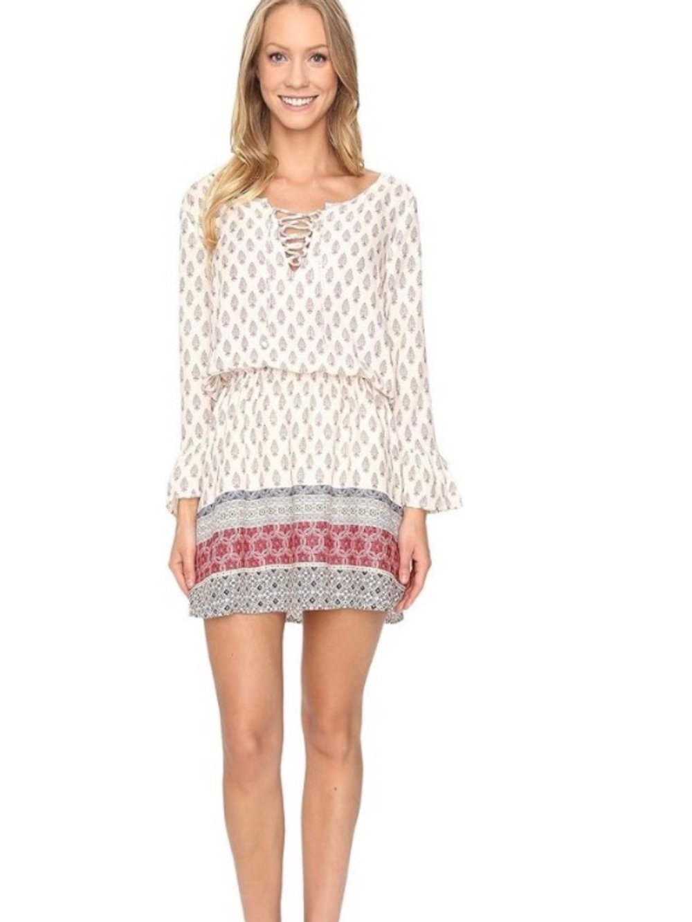 Sanctuary Marrakech Short Dress Ivory Red Blue Block Print Long Sleeves NWOT M
